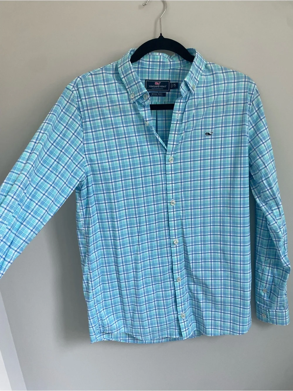 Boys XL Vineyard Vines Performance Fabric Blue Plaid Button-Down Shirt